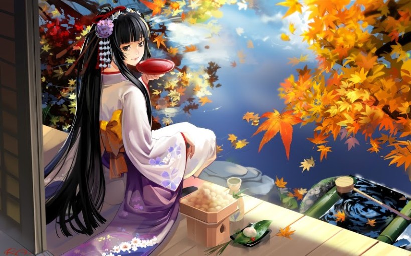 Autumn-Anime-Geisha-At-Lake-Wallpapers-2014